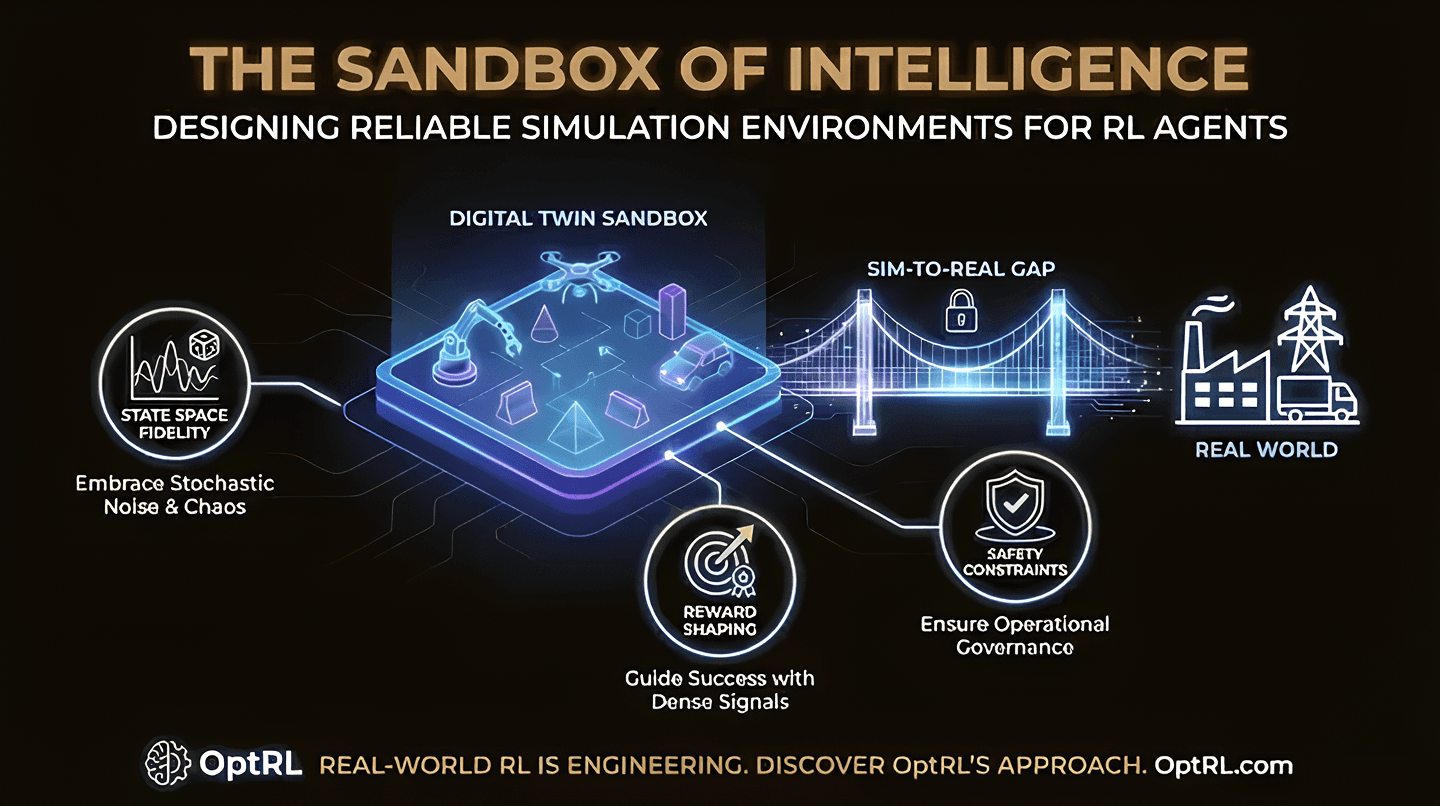 Reinforcement learning simulation environment used to train and validate enterprise decision systems before production deployment